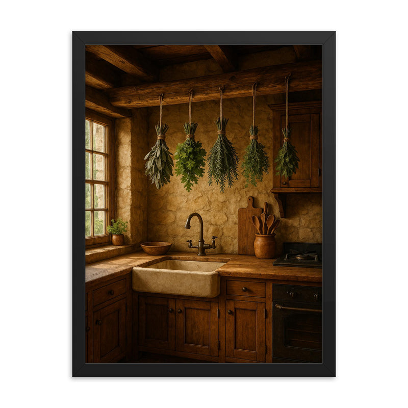Rustic farmhouse kitchen with hanging herbs framed print mockup 18x24