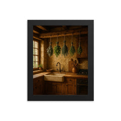 Rustic farmhouse kitchen with hanging herbs framed print mockup 8x10