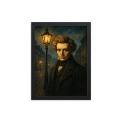 Søren Kierkegaard under Copenhagen lamplight framed print on a plain backdrop in size 12"x16".