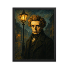 Søren Kierkegaard under Copenhagen lamplight framed print on a plain backdrop in size 16"x20".