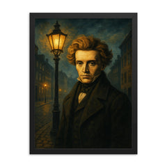 Søren Kierkegaard under Copenhagen lamplight framed print on a plain backdrop in size 18"x24".