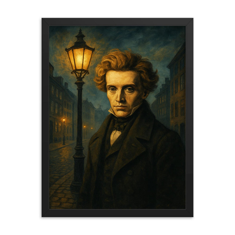 Søren Kierkegaard under Copenhagen lamplight framed print on a plain backdrop in size 18