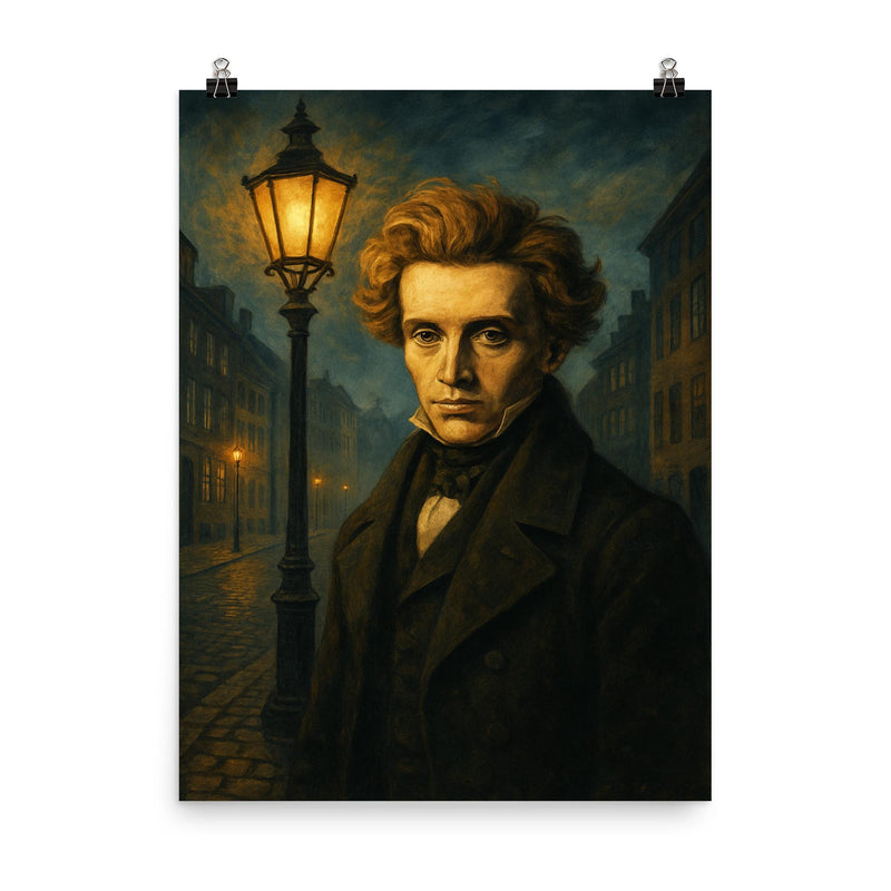 Søren Kierkegaard under Copenhagen lamplight poster on a plain backdrop in size 8