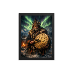 Sámi noaidi with drum under aurora framed print on a plain backdrop in size 12"x16".