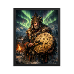 Sámi noaidi with drum under aurora framed print on a plain backdrop in size 16"x20".