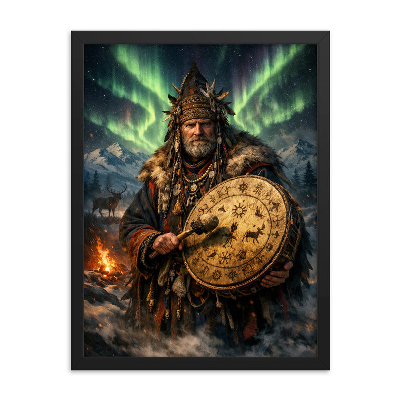 Sámi noaidi with drum under aurora framed print on a plain backdrop in size 18