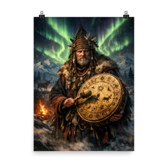 Sámi noaidi with drum under aurora poster on a plain backdrop in size 8"x10".