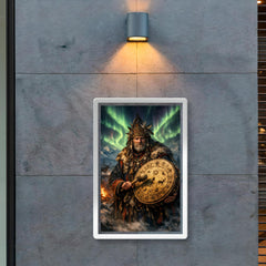 Sámi noaidi with drum under aurora poster 2