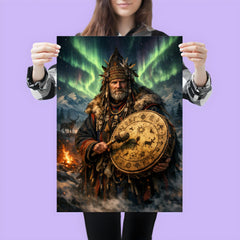 Sámi noaidi with drum under aurora poster 3