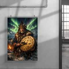 Sámi noaidi with drum under aurora poster 4