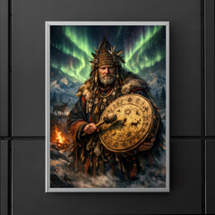 Sámi noaidi with drum under aurora poster 5