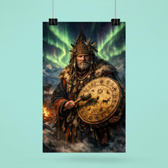 Sámi noaidi with drum under aurora poster 6