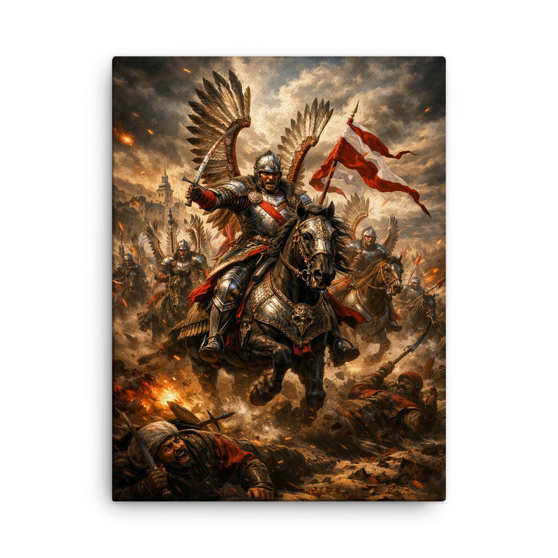 Sabaton worthy Winged Hussar charge at Kahlenberg canvas print on a plain backdrop in size 18