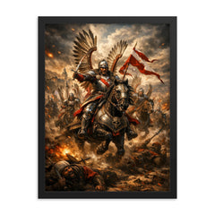 Sabaton worthy Winged Hussar charge at Kahlenberg framed print on a plain backdrop in size 18"x24".