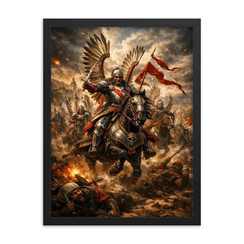 Sabaton worthy Winged Hussar charge at Kahlenberg framed print on a plain backdrop in size 18