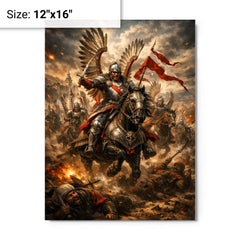 Sabaton worthy Winged Hussar charge at Kahlenberg metal print on a plain backdrop in size 12"x16".
