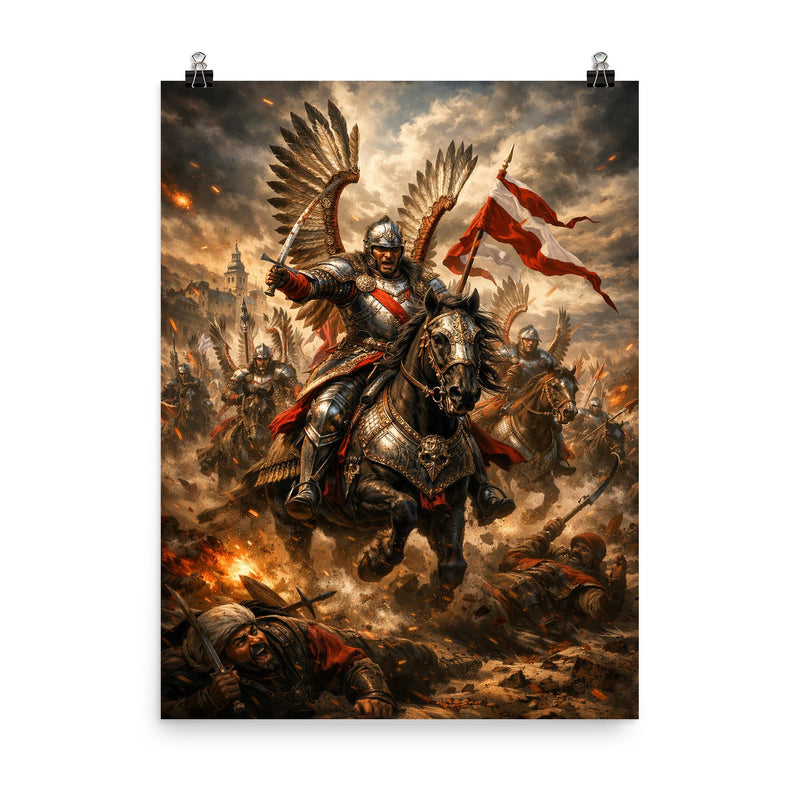 Sabaton worthy Winged Hussar charge at Kahlenberg poster on a plain backdrop in size 8