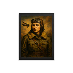 Sabiha Gökçen in flight gear portrait framed print on a plain backdrop in size 12"x16".