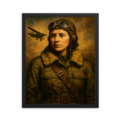 Sabiha Gökçen in flight gear portrait framed print on a plain backdrop in size 16"x20".