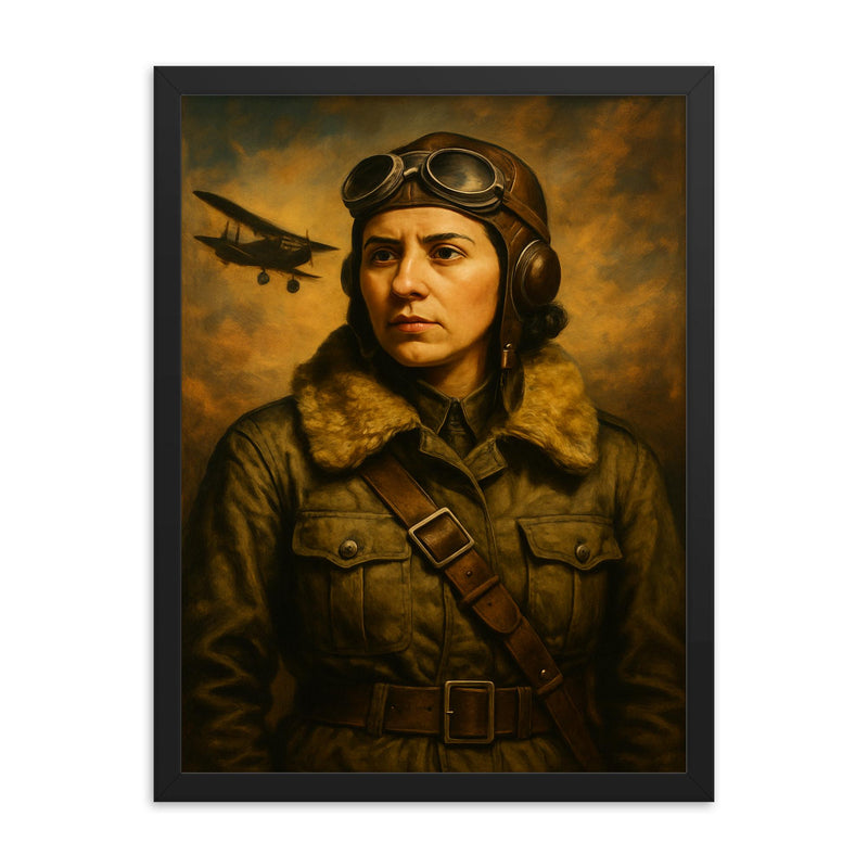 Sabiha Gökçen in flight gear portrait framed print on a plain backdrop in size 18