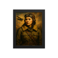 Sabiha Gökçen in flight gear portrait framed print on a plain backdrop in size 8"x10".