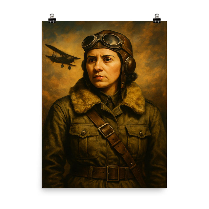 Sabiha Gökçen in flight gear portrait poster on a plain backdrop in size 8