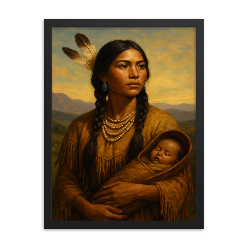 Sacagawea framed print on a plain backdrop in size 18
