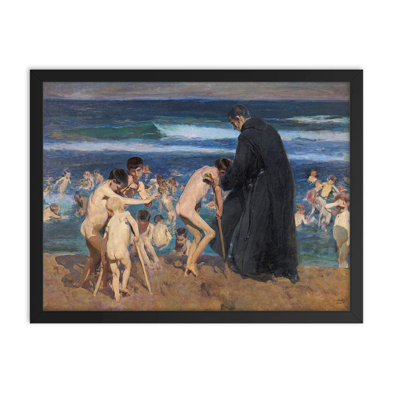 Sad Inheritance by Joaquín Sorolla framed print on a plain backdrop in size 18
