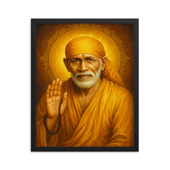 Sai Baba of Shirdi framed print on a plain backdrop in size 16"x20".