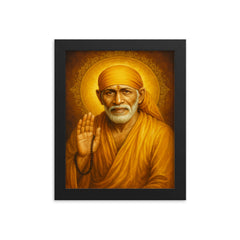 Sai Baba of Shirdi framed print on a plain backdrop in size 8"x10".