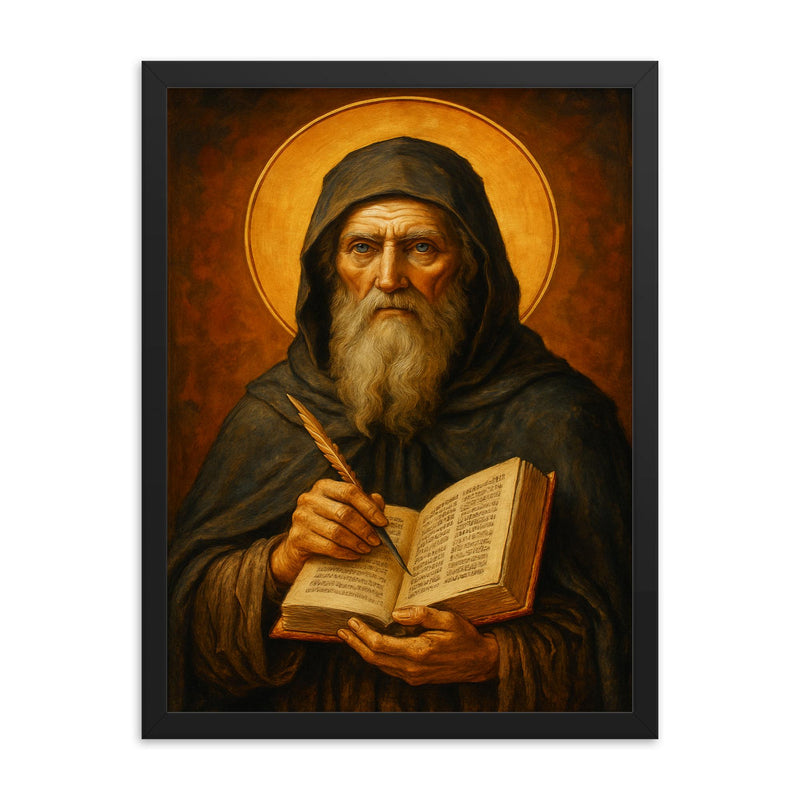Saint Bede the Venerable framed print on a plain backdrop in size 18