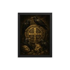 Saint Benedict medal surrounded by ravens and broken idols framed print on a plain backdrop in size 12"x16".