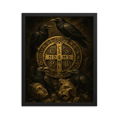 Saint Benedict medal surrounded by ravens and broken idols framed print on a plain backdrop in size 16"x20".