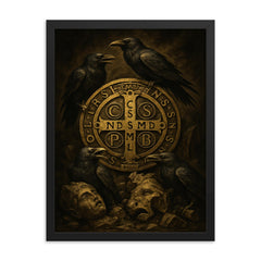 Saint Benedict medal surrounded by ravens and broken idols framed print on a plain backdrop in size 18"x24".