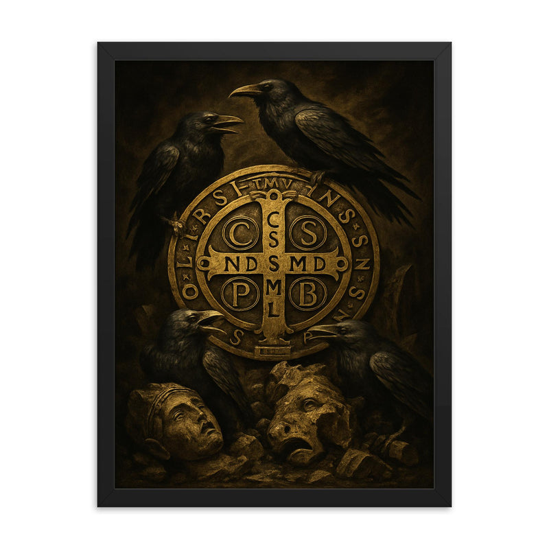 Saint Benedict medal surrounded by ravens and broken idols framed print on a plain backdrop in size 18