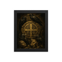 Saint Benedict medal surrounded by ravens and broken idols framed print on a plain backdrop in size 8"x10".