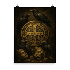 Saint Benedict medal surrounded by ravens and broken idols poster on a plain backdrop in size 8"x10".