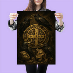 Saint Benedict medal surrounded by ravens and broken idols poster 3
