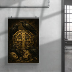 Saint Benedict medal surrounded by ravens and broken idols poster 4
