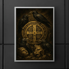 Saint Benedict medal surrounded by ravens and broken idols poster 5