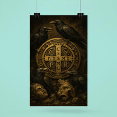 Saint Benedict medal surrounded by ravens and broken idols poster 6