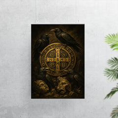 Saint Benedict medal surrounded by ravens and broken idols poster 7