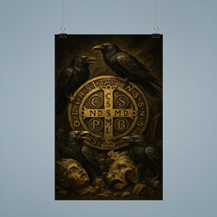 Saint Benedict medal surrounded by ravens and broken idols poster 9