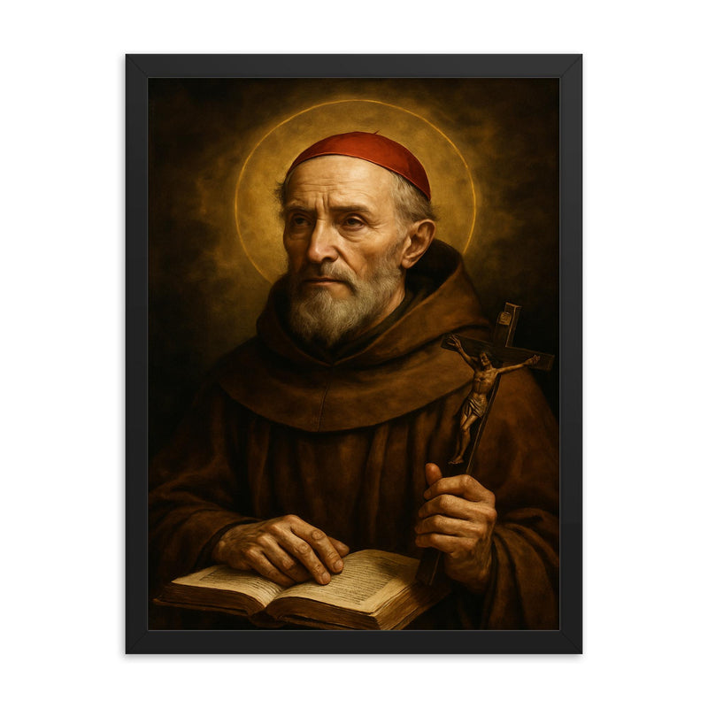 Saint Bonaventure portrait framed print on a plain backdrop in size 18
