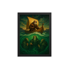 Saint Brendan encountering sea monks beneath emerald waves framed print on a plain backdrop in size 12"x16".
