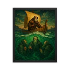 Saint Brendan encountering sea monks beneath emerald waves framed print on a plain backdrop in size 16"x20".
