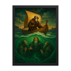 Saint Brendan encountering sea monks beneath emerald waves framed print on a plain backdrop in size 18"x24".