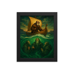 Saint Brendan encountering sea monks beneath emerald waves framed print on a plain backdrop in size 8"x10".
