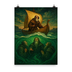 Saint Brendan encountering sea monks beneath emerald waves poster on a plain backdrop in size 8"x10".