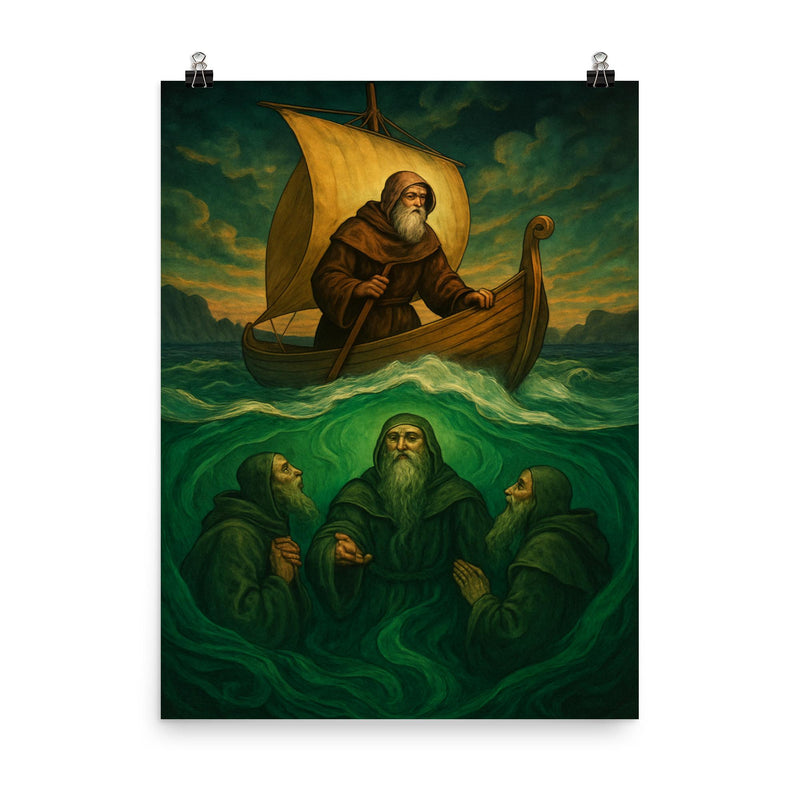 Saint Brendan encountering sea monks beneath emerald waves poster on a plain backdrop in size 8